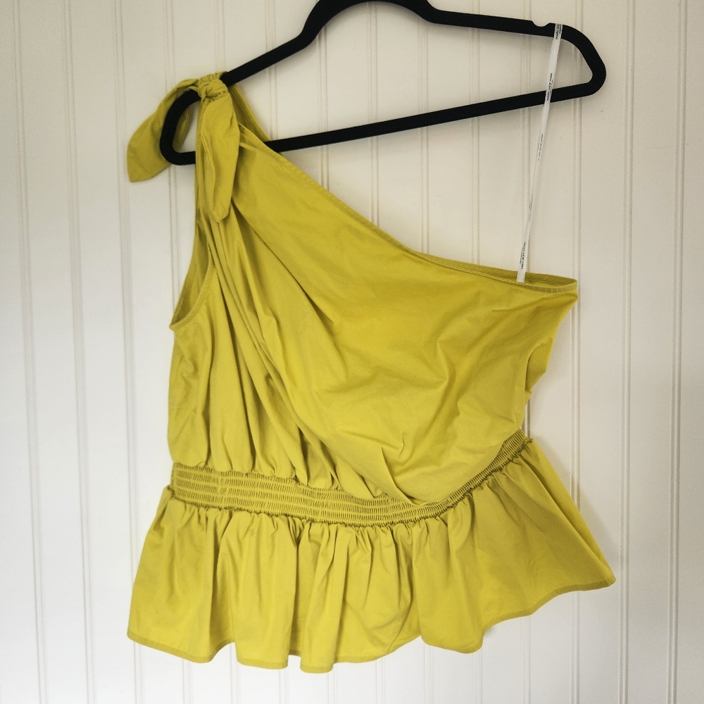 MARC NEW YORK Chartreuse Cotton Blend One Shoulder Smocked Waist Peplum Top L